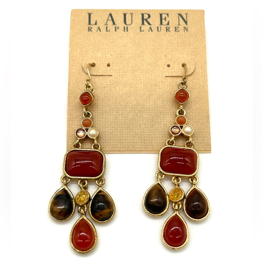 NWT Ralph Lauren Dangle Earrings & Gold Tone Graduated Bead Toggle Necklace 17" - Picture 2 of 16
